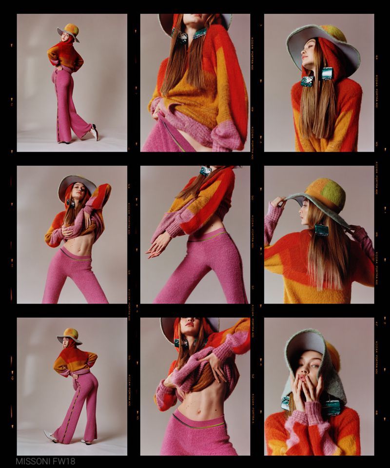 Gigi Hadid poses in bright colored Missoni FW18 collection